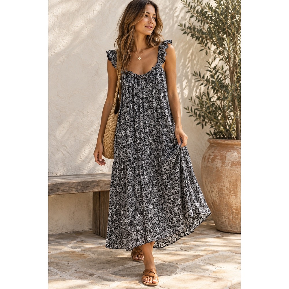 LOFT Dress Ruffle Strap Botanical Leaf Print Black White Size Small Boho Maxi